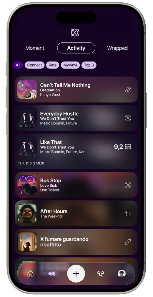 Schermata Activity di auuux: il feed di connect, rate e Top 3 degli amici